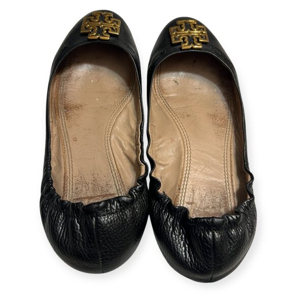 Tory Burch Black Leather Reva Ballet Flats Size 7 Logo Medallion Round Toe - Picture 2 of 5